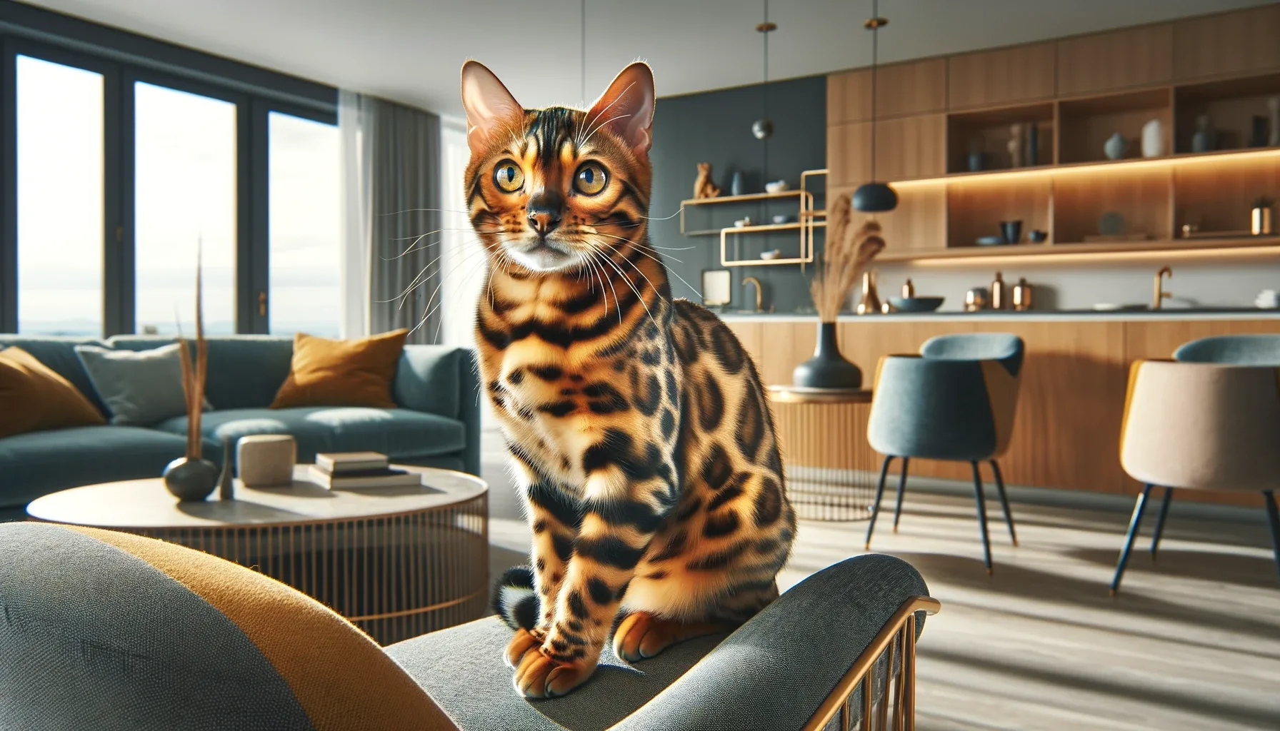 Bengal cat sitting in modern living room