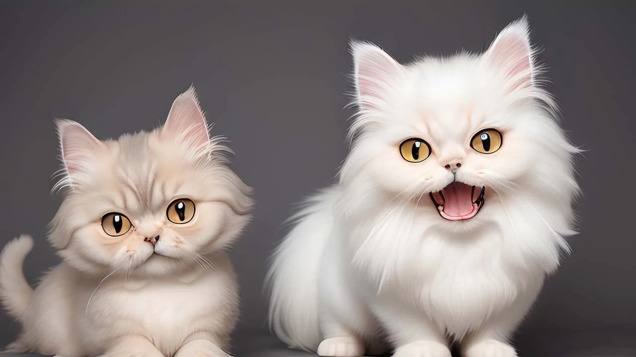 Two fluffy white Persian cats, one meowing.